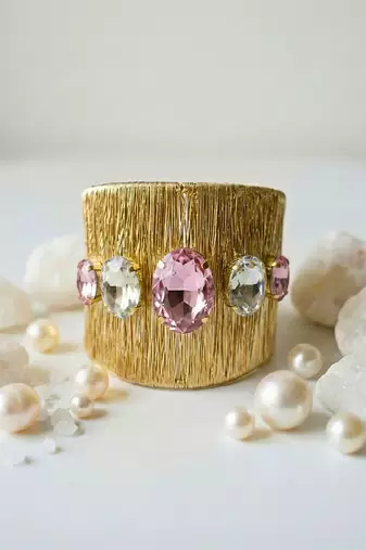 Gold plated pink crystal cz  ad stone fancy floral cuff bracelet bangle