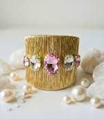 Gold plated pink crystal cz  ad stone fancy floral cuff bracelet bangle