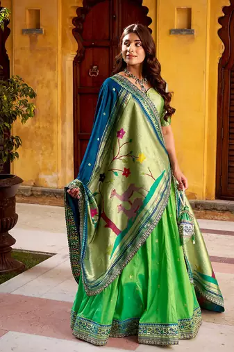 Royal Paithani Soft Silk Lehenga Choli with Zari Weaving Sequins & Thread Embroidery and batua