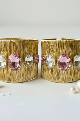 Gold plated combo of two pink crystal cz ad stone floral cuff bracelets bangle