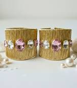 Gold plated combo of two pink crystal cz ad stone floral cuff bracelets bangle