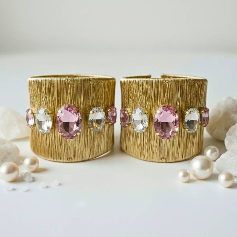 Gold plated combo of two pink crystal cz ad stone floral cuff bracelets bangle