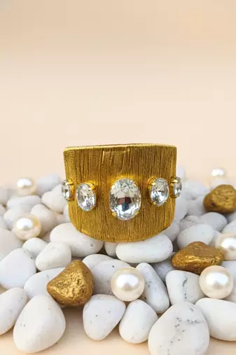 Gold plated white crystal cz  ad stone fancy floral cuff bracelet bangle