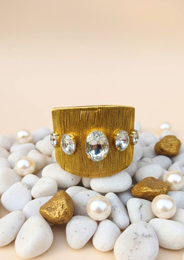 Gold plated white crystal cz  ad stone fancy floral cuff bracelet bangle