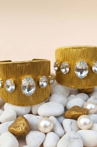 Gold plated combo of two white crystal cz ad stone floral cuff bracelets bangle