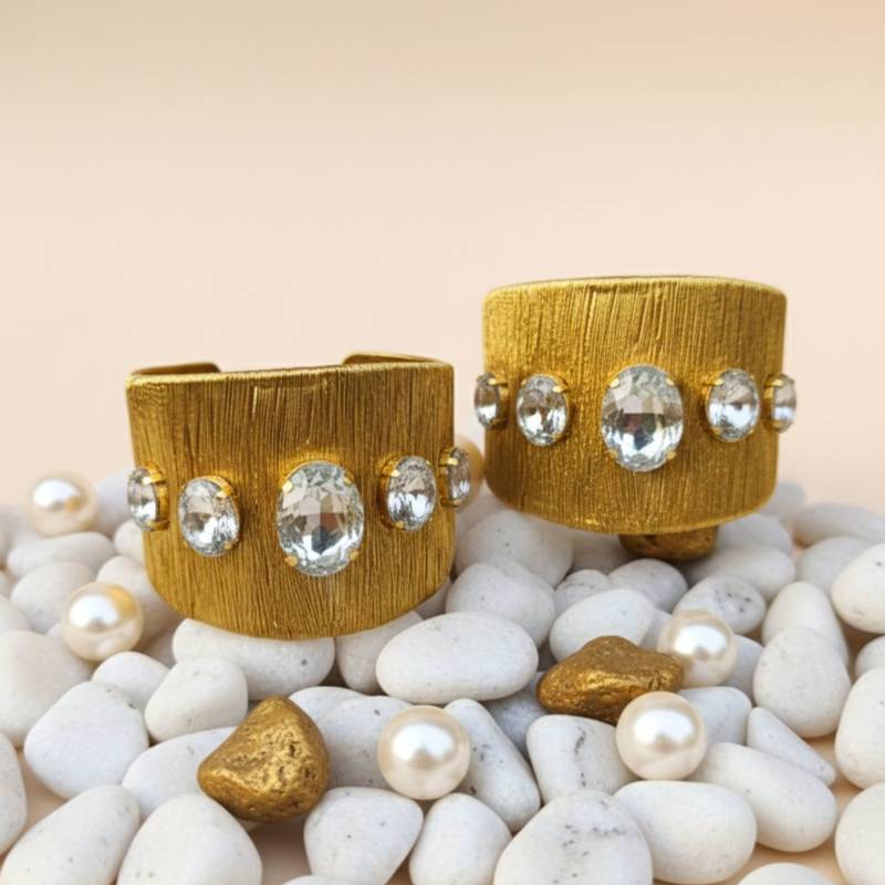 Gold plated combo of two white crystal cz ad stone floral cuff bracelets bangle