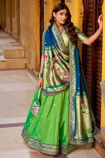 Royal Paithani Soft Silk Lehenga Choli with Zari Weaving Sequins & Thread Embroidery and batua