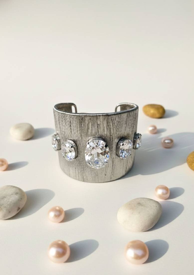 Rhodium plated rhodium crystal cz  ad stone fancy floral cuff bracelet bangle