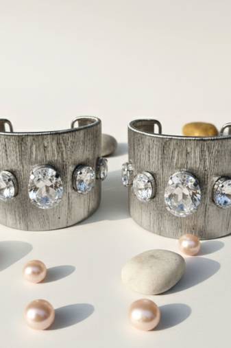 Rhodium plated combo of two rhodium crystal cz ad stone floral cuff bracelets bangle