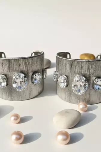 Rhodium plated combo of two rhodium crystal cz ad stone floral cuff bracelets bangle