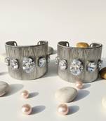 Rhodium plated combo of two rhodium crystal cz ad stone floral cuff bracelets bangle