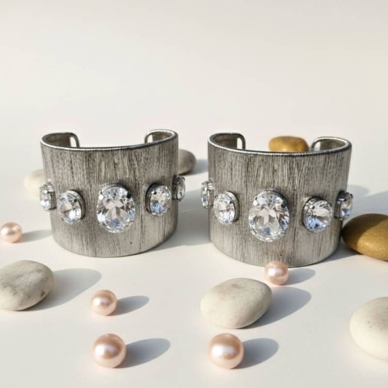 Rhodium plated combo of two rhodium crystal cz ad stone floral cuff bracelets bangle