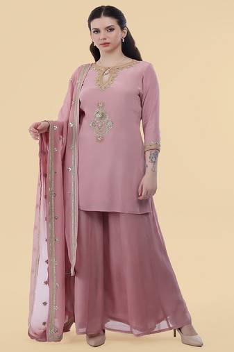 onion pink crepe kurta sharara set