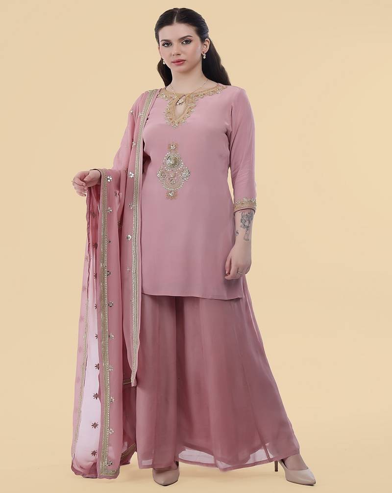 onion pink crepe kurta sharara set