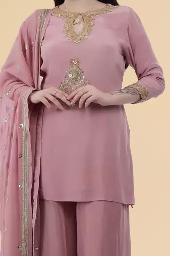 onion pink crepe kurta sharara set