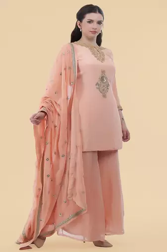 peach crepe kurta sharara set