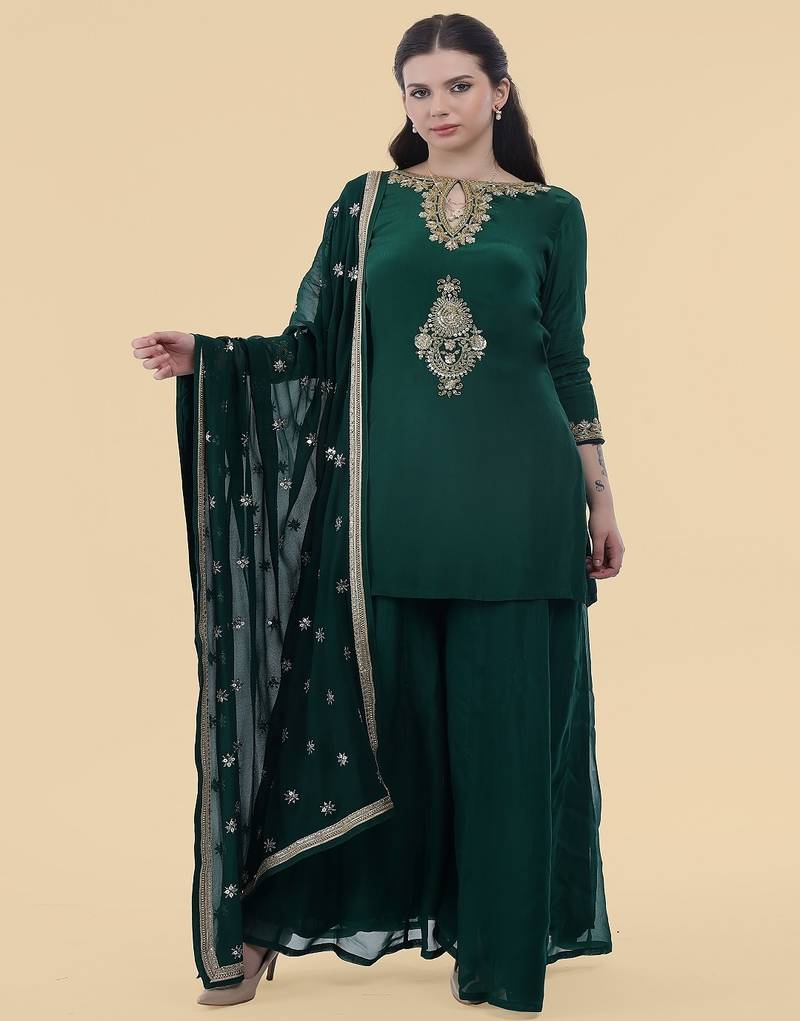 dark green crepe kurta sharara set