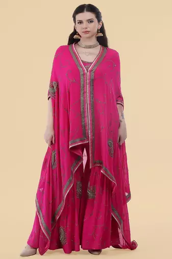 pink georgette cape sharara set