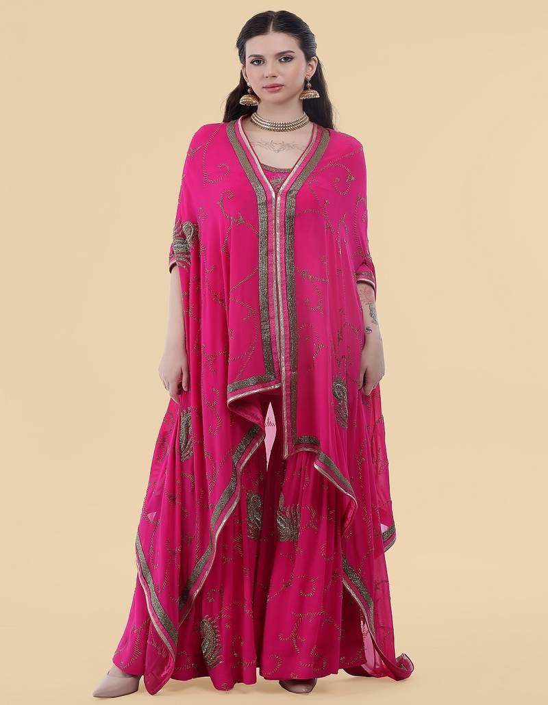 pink georgette cape sharara set