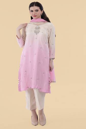 white pink embroidered silk kurta set 