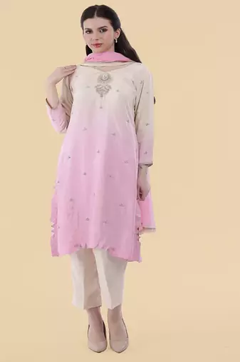 white pink embroidered silk kurta set 