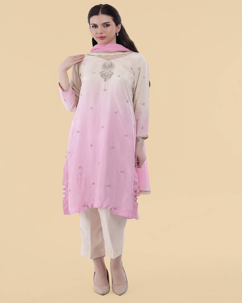 white pink embroidered silk kurta set 