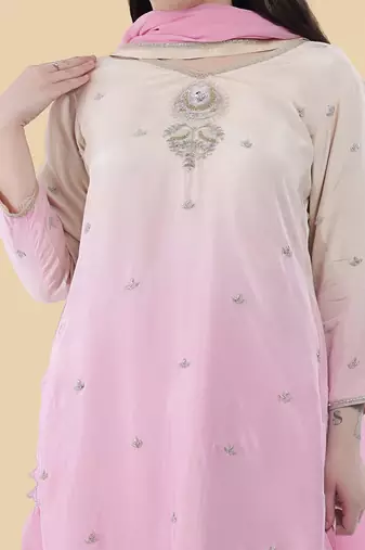 white pink embroidered silk kurta set 