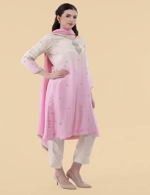 white pink embroidered silk kurta set  3