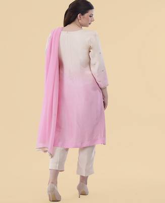 white pink embroidered silk kurta set  4