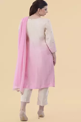 white pink embroidered silk kurta set 