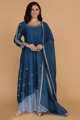 persian blue katan silk kurta set