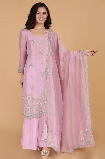 pink tissue kurta set