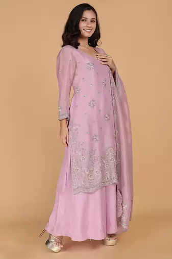 pink tissue kurta set