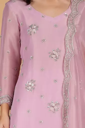 pink tissue kurta set