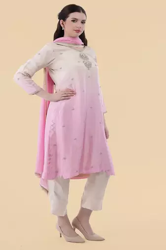 white pink embroidered silk kurta set 