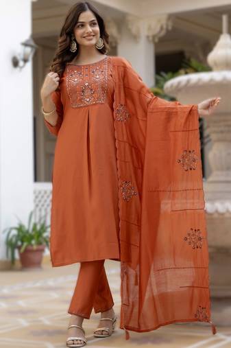 Orange elegant viscose mango silk embroidered kurti pant set with dupatta