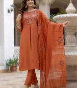 Orange elegant viscose mango silk embroidered kurti pant set with dupatta