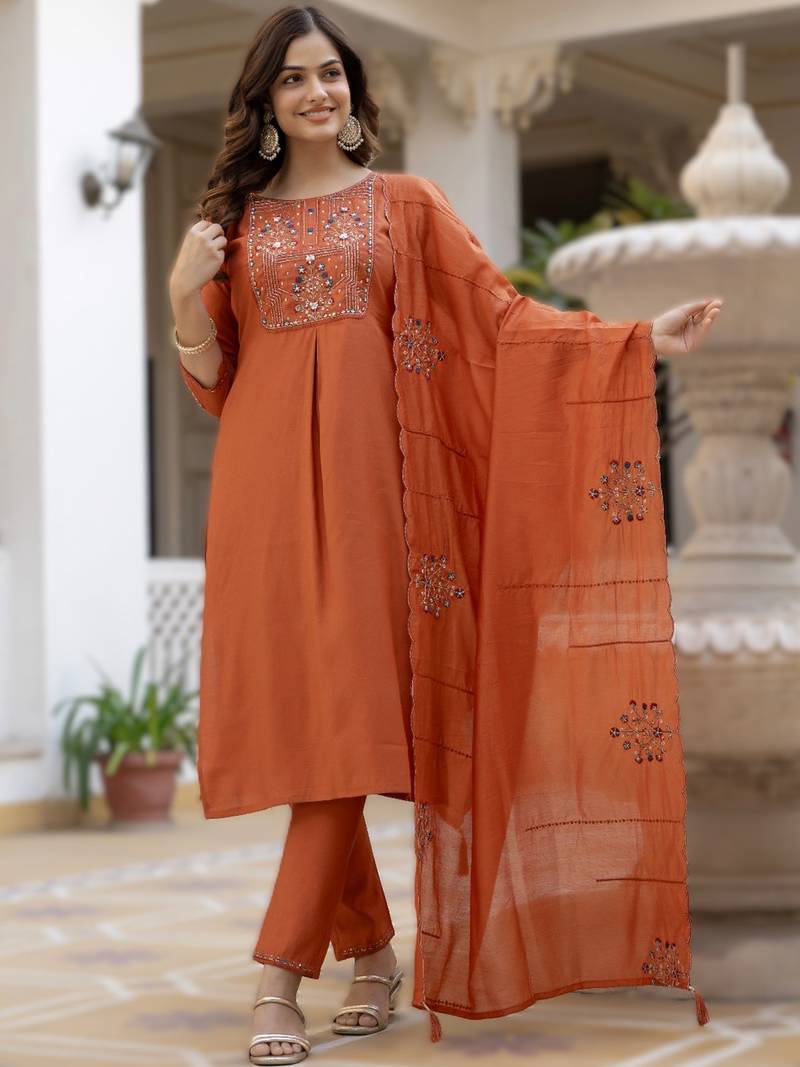 Orange elegant viscose mango silk embroidered kurti pant set with dupatta
