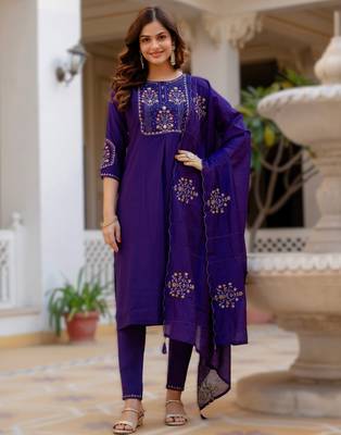navy blue elegant viscose mango silk embroidered kurti pant set with dupatta 1
