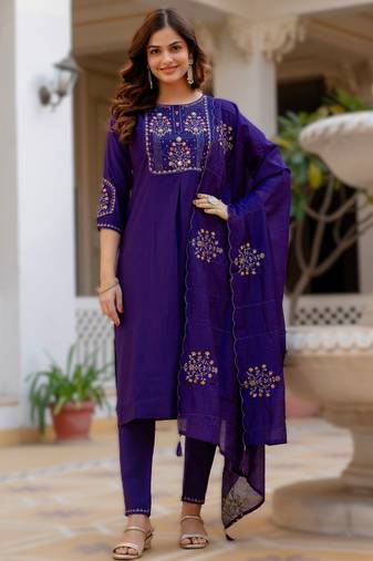 Navy blue elegant viscose mango silk embroidered kurti pant set with dupatta