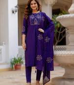 Navy blue elegant viscose mango silk embroidered kurti pant set with dupatta