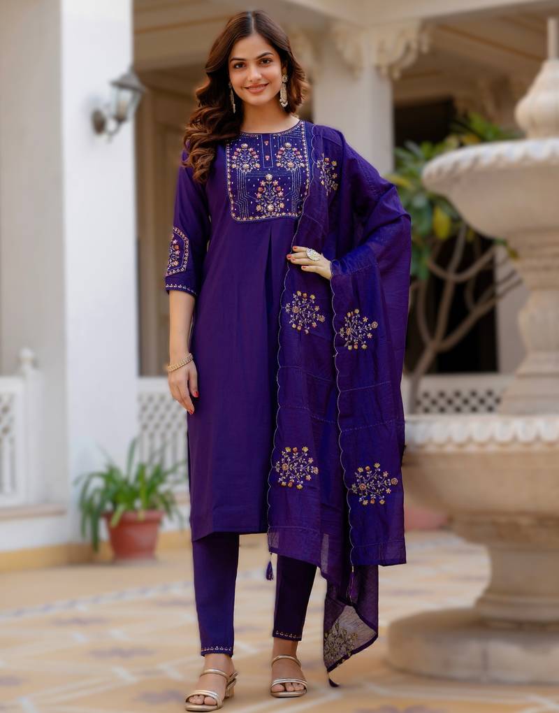 Navy blue elegant viscose mango silk embroidered kurti pant set with dupatta