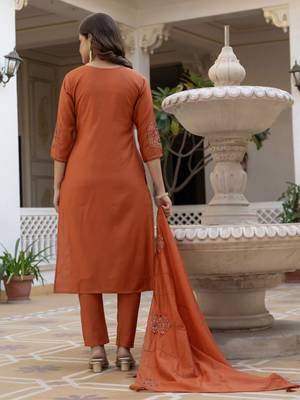 orange elegant viscose mango silk embroidered kurti pant set with dupatta 2