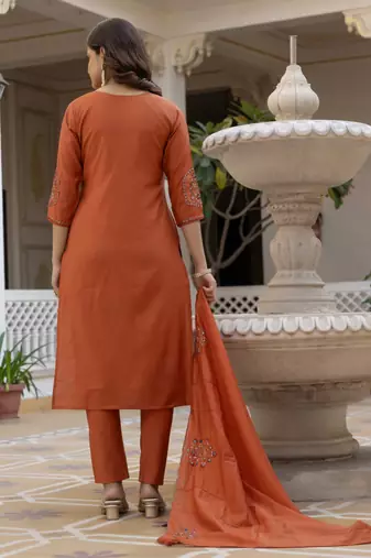 orange elegant viscose mango silk embroidered kurti pant set with dupatta