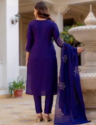 navy blue elegant viscose mango silk embroidered kurti pant set with dupatta 2