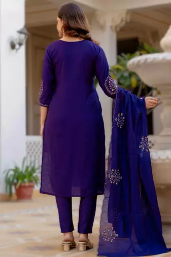 navy blue elegant viscose mango silk embroidered kurti pant set with dupatta