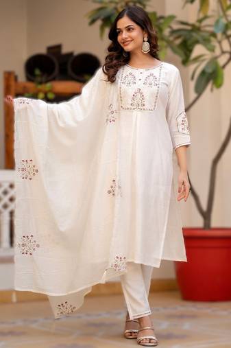 White elegant viscose mango silk embroidered kurti pant set with dupatta