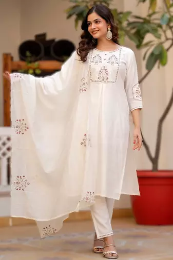 White elegant viscose mango silk embroidered kurti pant set with dupatta