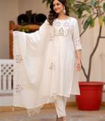 White elegant viscose mango silk embroidered kurti pant set with dupatta