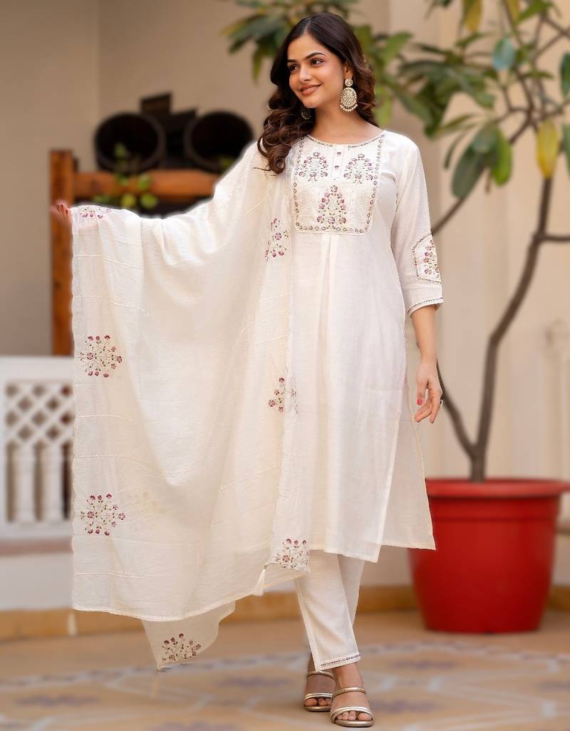 White elegant viscose mango silk embroidered kurti pant set with dupatta